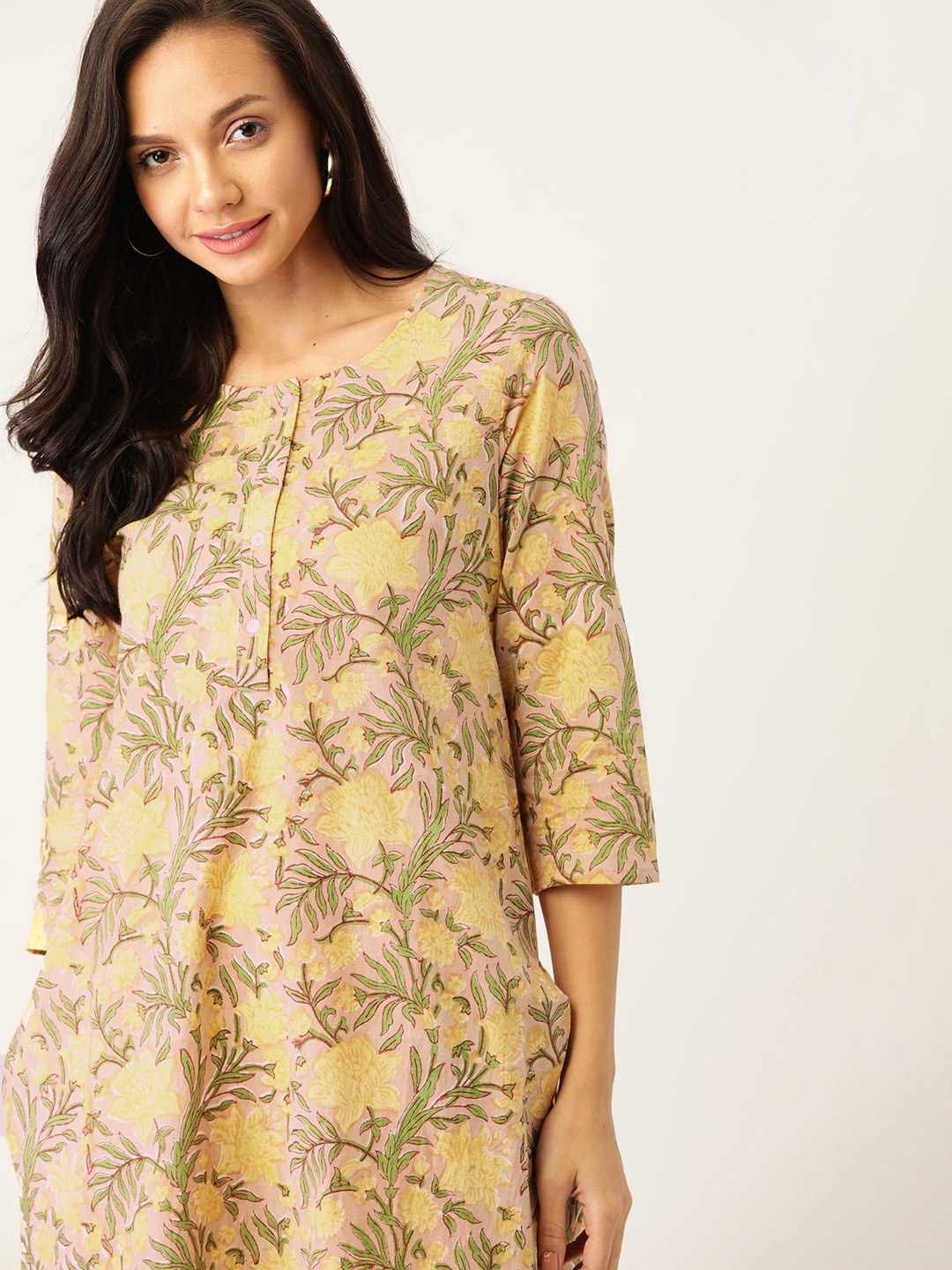 

Taavi Women Yellow & Off-White Sustainable Sanganeri Block Print Cotton Night Suit