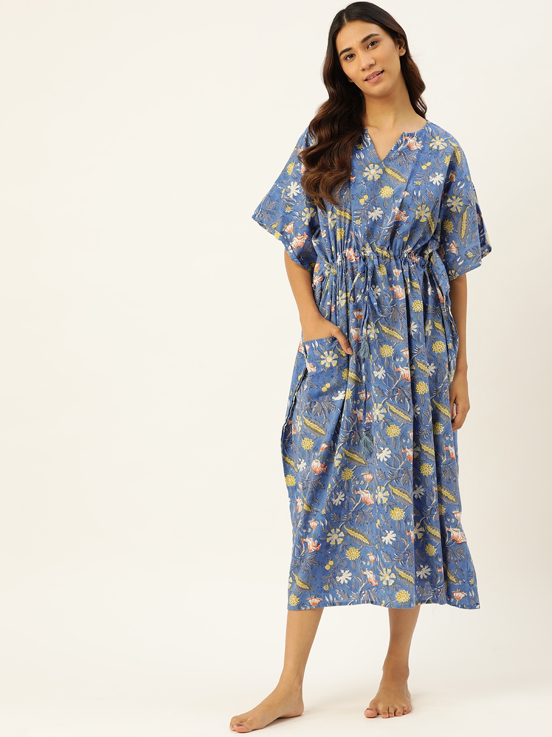 

Taavi Blue & Yellow Floral Sanganeri Handblock Print Kaftan Midi Night Dress