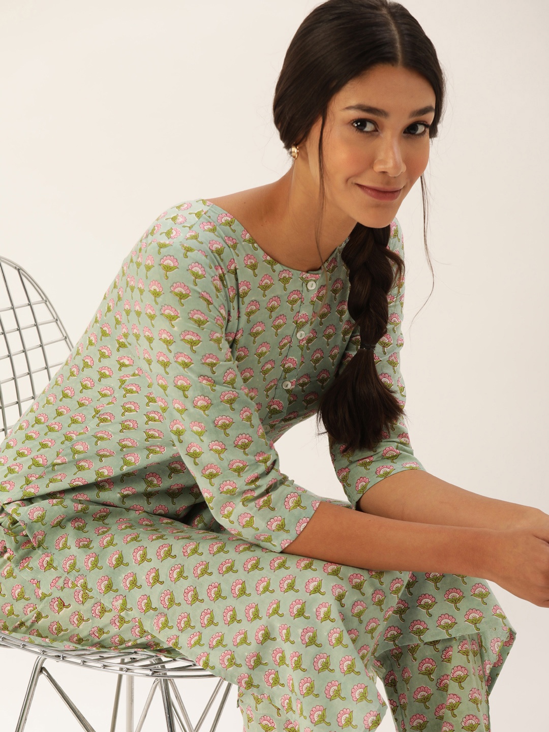 

Taavi Women Blue & Pink Sustainable Sanganeri Block Print Pure Cotton Night Suit