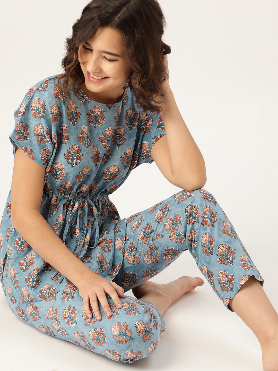 

Taavi Women Blue & Orange Sanganeri Block Print Printed Night Suit