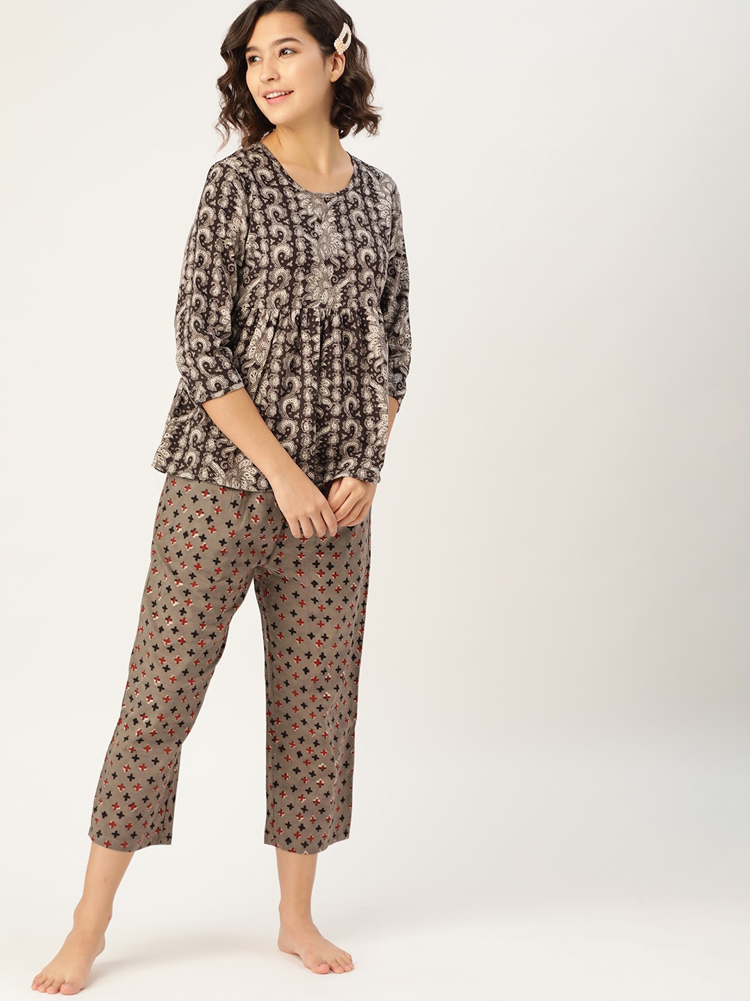 

Taavi Women Sustainable Brown & Black Bagru Hand Block Printed Night Suit