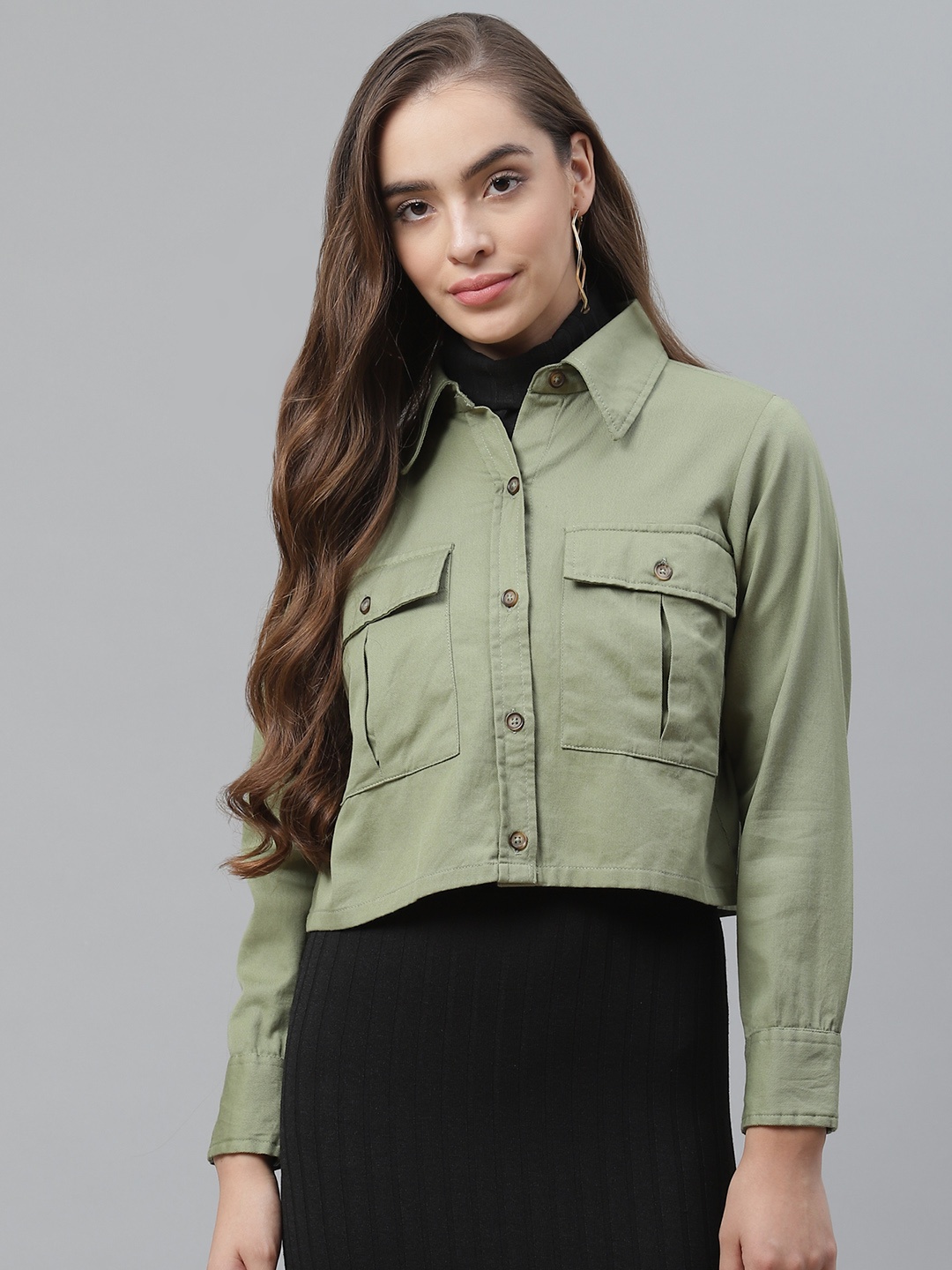 

plusS Women Olive Green Pure Cotton Solid Tailored Jacket