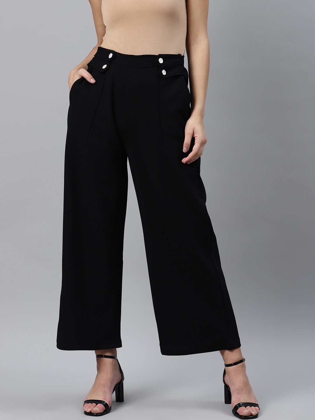 

plusS WORX Women Black Straight Fit Solid Parallel Trousers