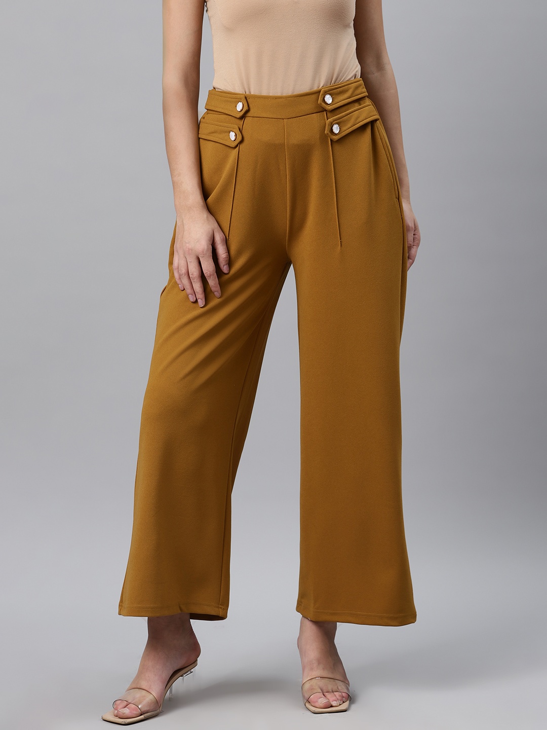 

plusS WORX Women Mustard Yellow Straight Fit Solid Parallel Trousers