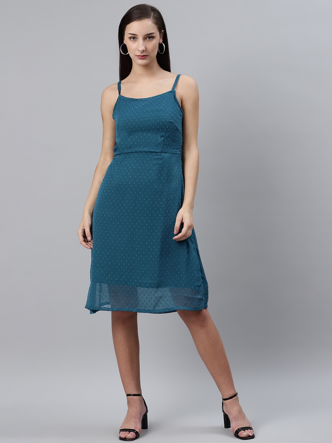 

plusS Women Teal Blue Dobby Weave A-Line Dress