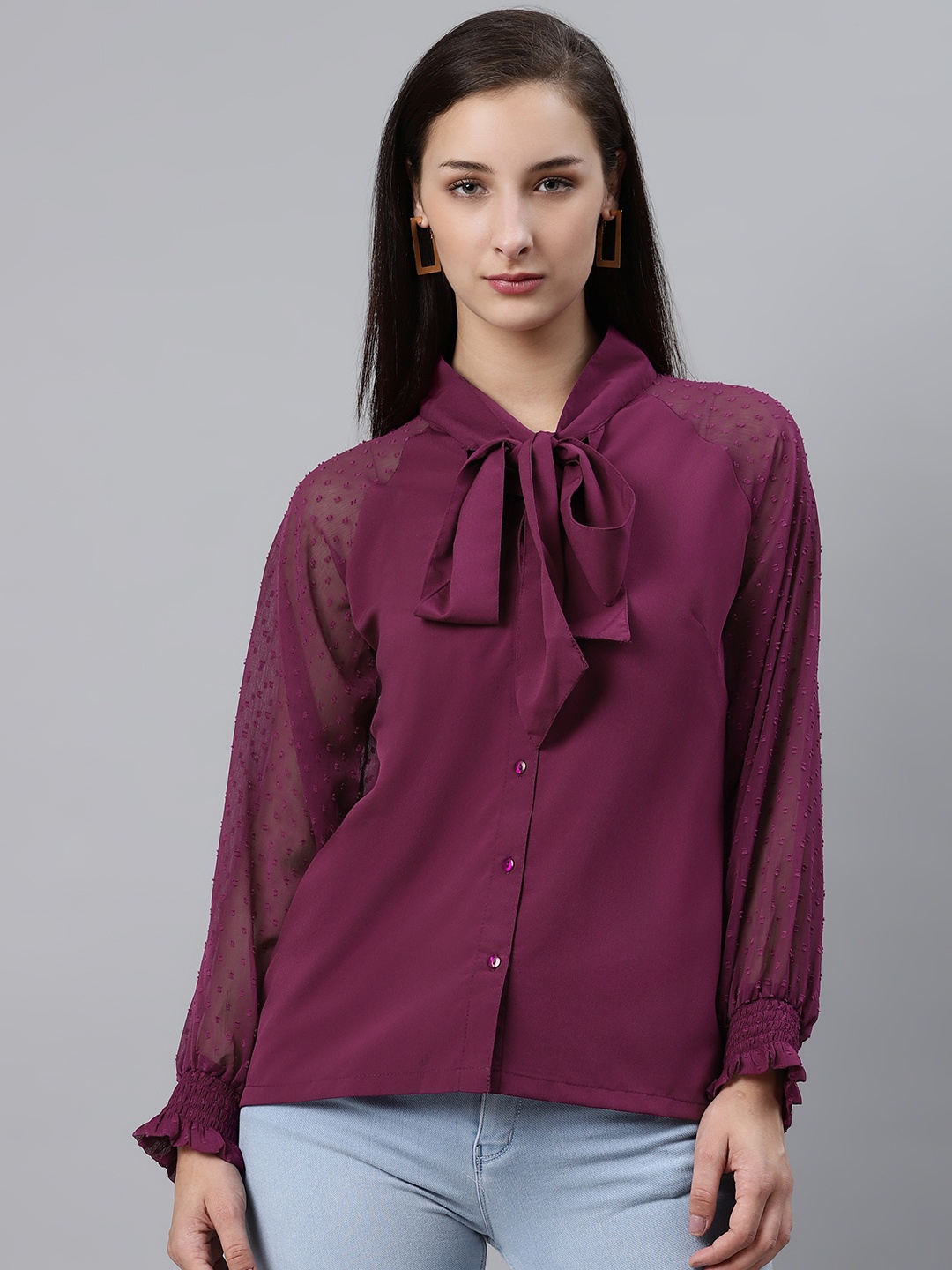 

plusS Purple Tie-Up Neck Shirt Style Top with Sheer Dobby Weave Sleeves