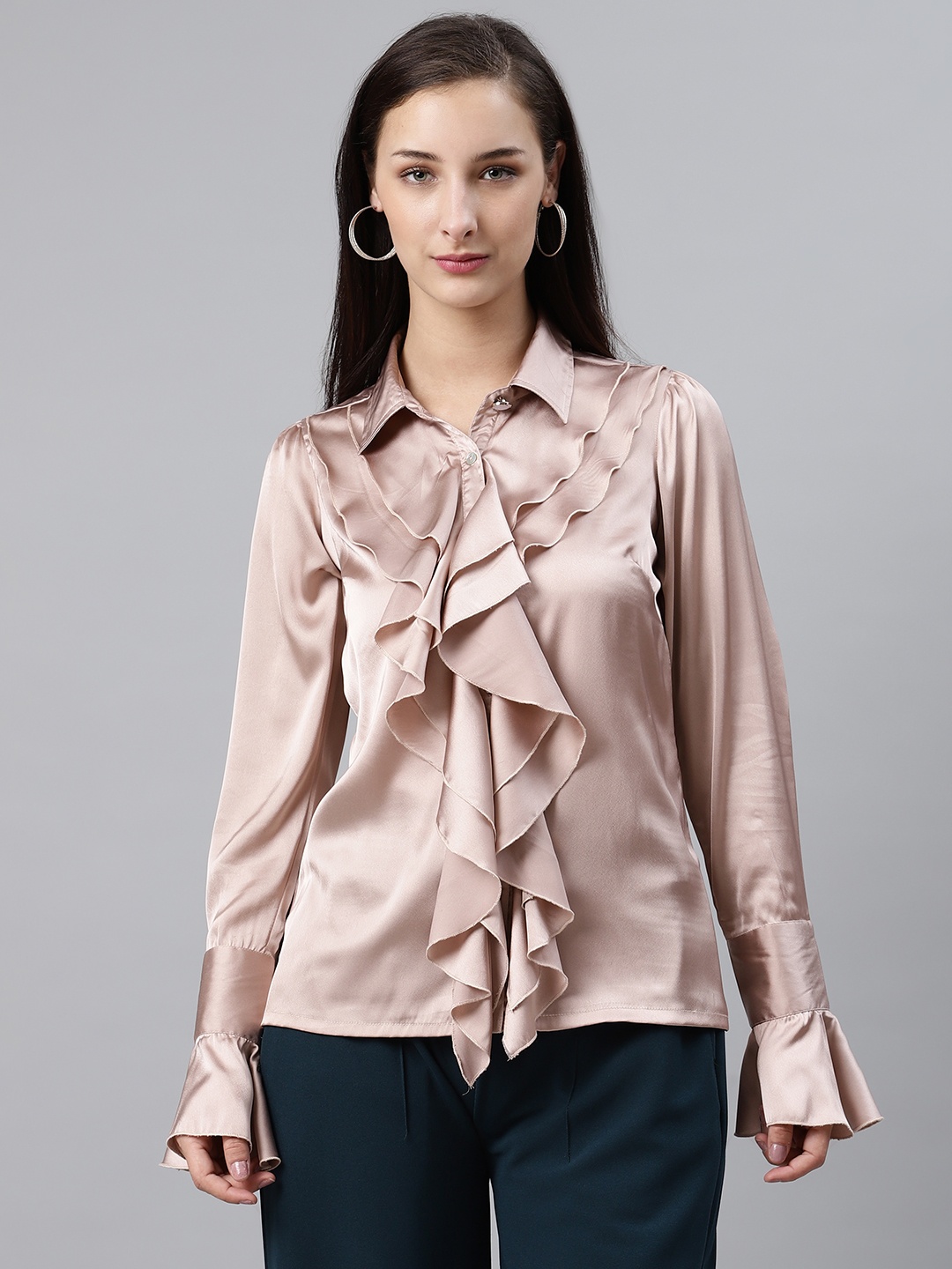 

plusS Women Peach-Coloured Solid Ruffled Partywear Shirt