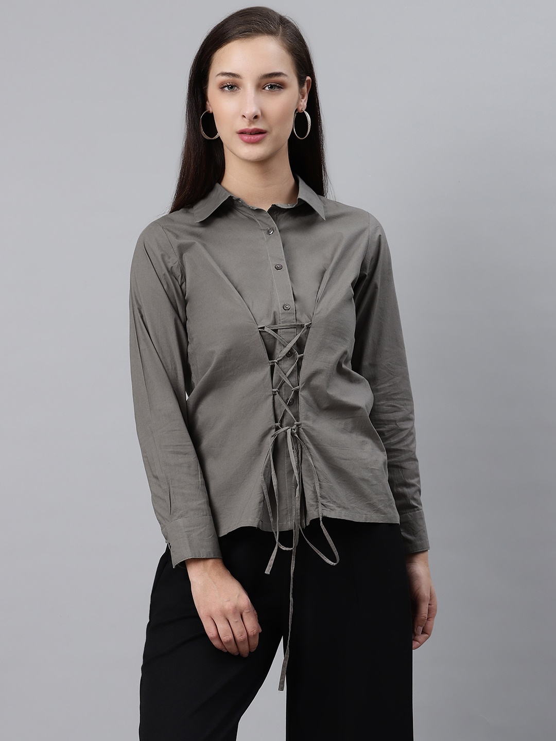 

plusS Women Charcoal Grey Regular Fit Solid Casual Shirt with Lace-Up Detail