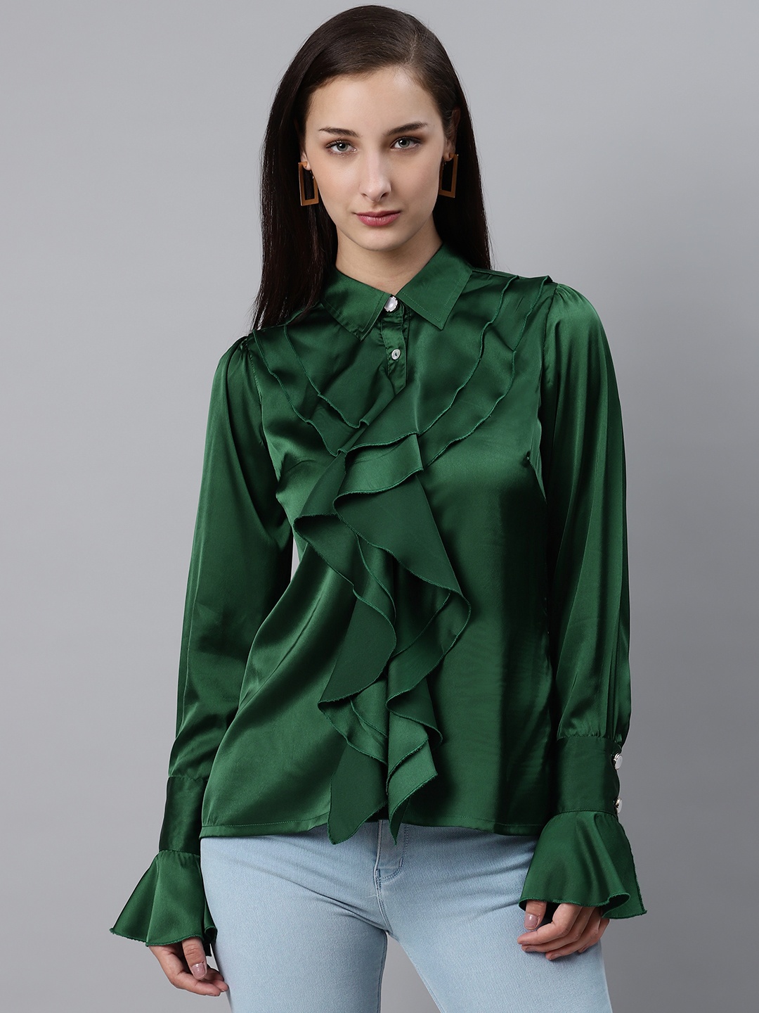 

plusS Women Elegant Green Ruffle Detail Partywear Shirt