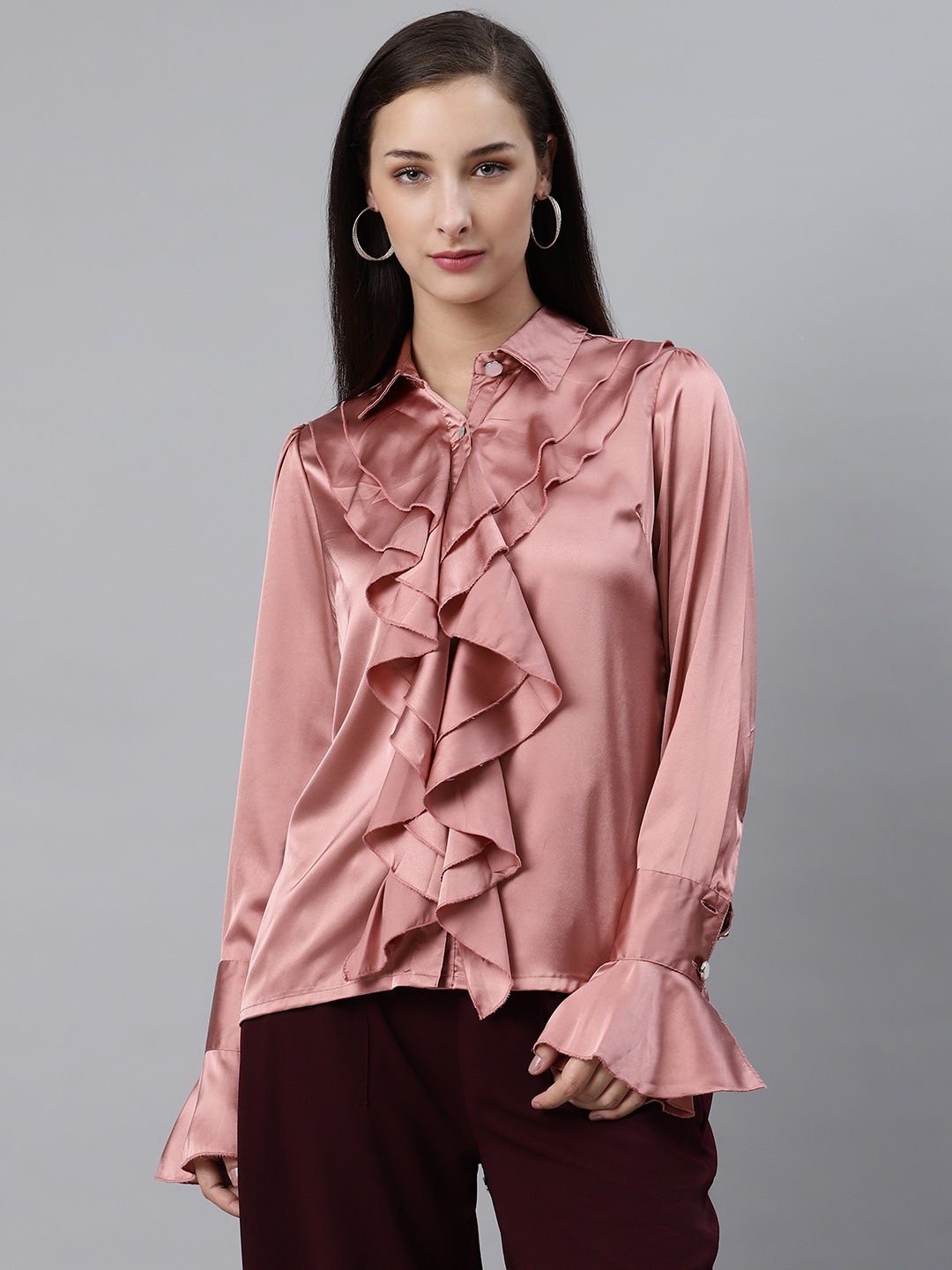 

plusS Women Sassy Pink Ruffle Detail Partywear Shirt