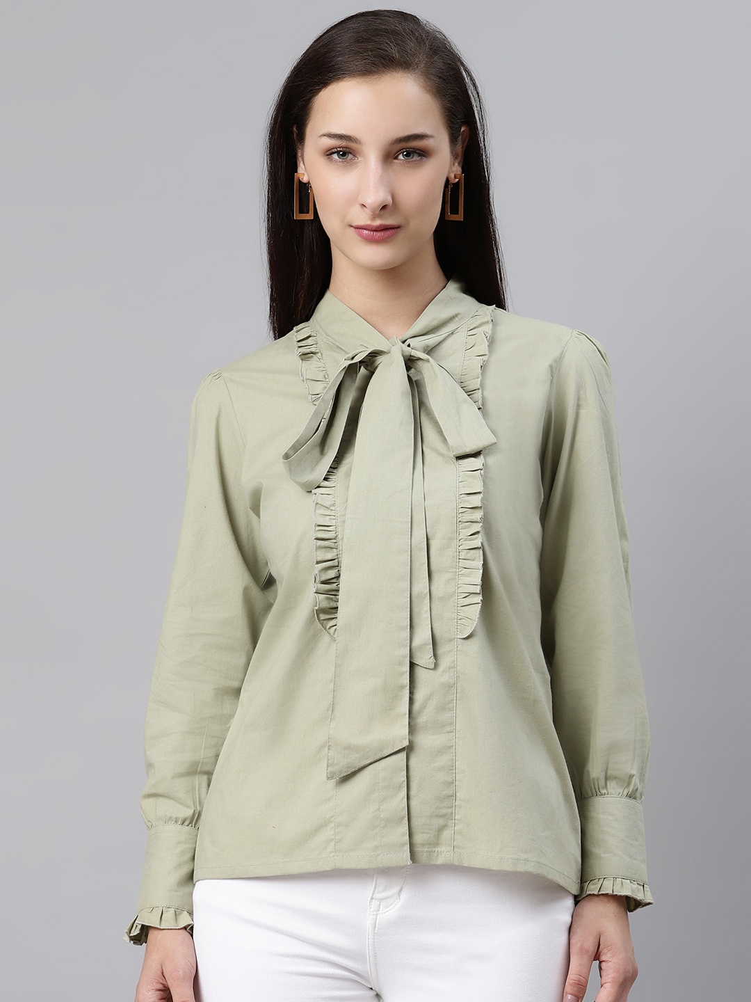 

plusS Green Solid Ruffle Detail Tie-Up Neck Victorian Top