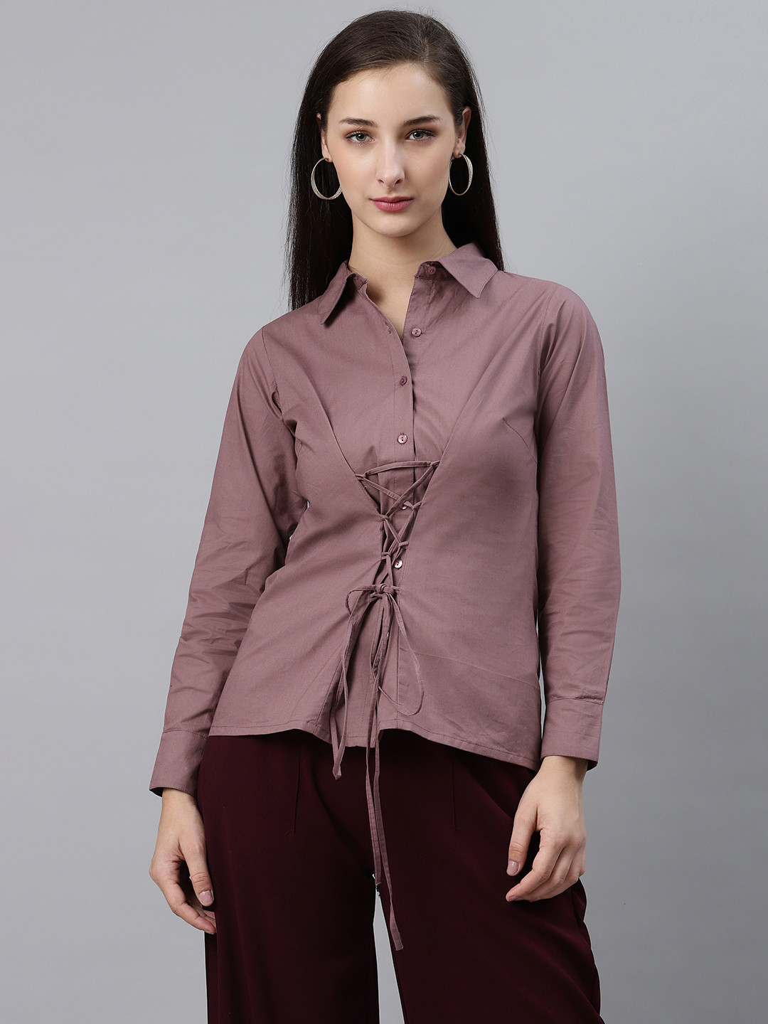 

plusS Women Tantalising Mauve Lace-Up Solid Casual Shirt