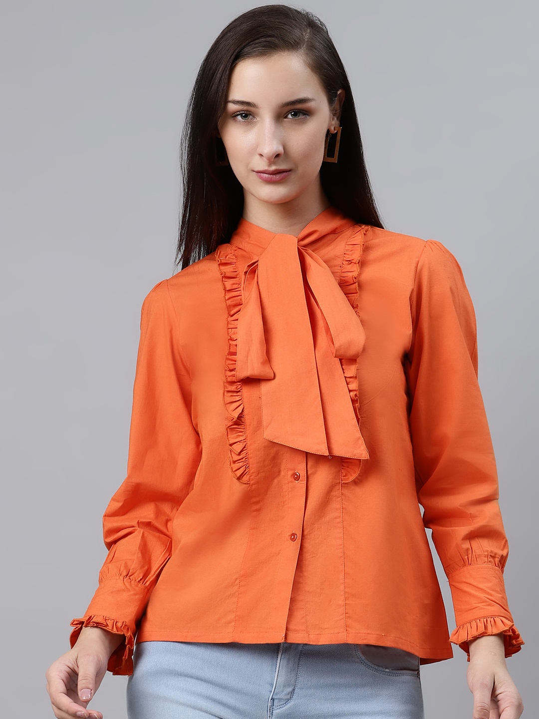 

plusS Orange Solid Frill and Ruffle Detail Tie-Up Neck Top