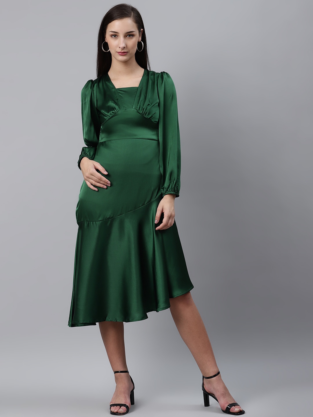 

plusS Green Pleated Solid Midi A-Line Dress