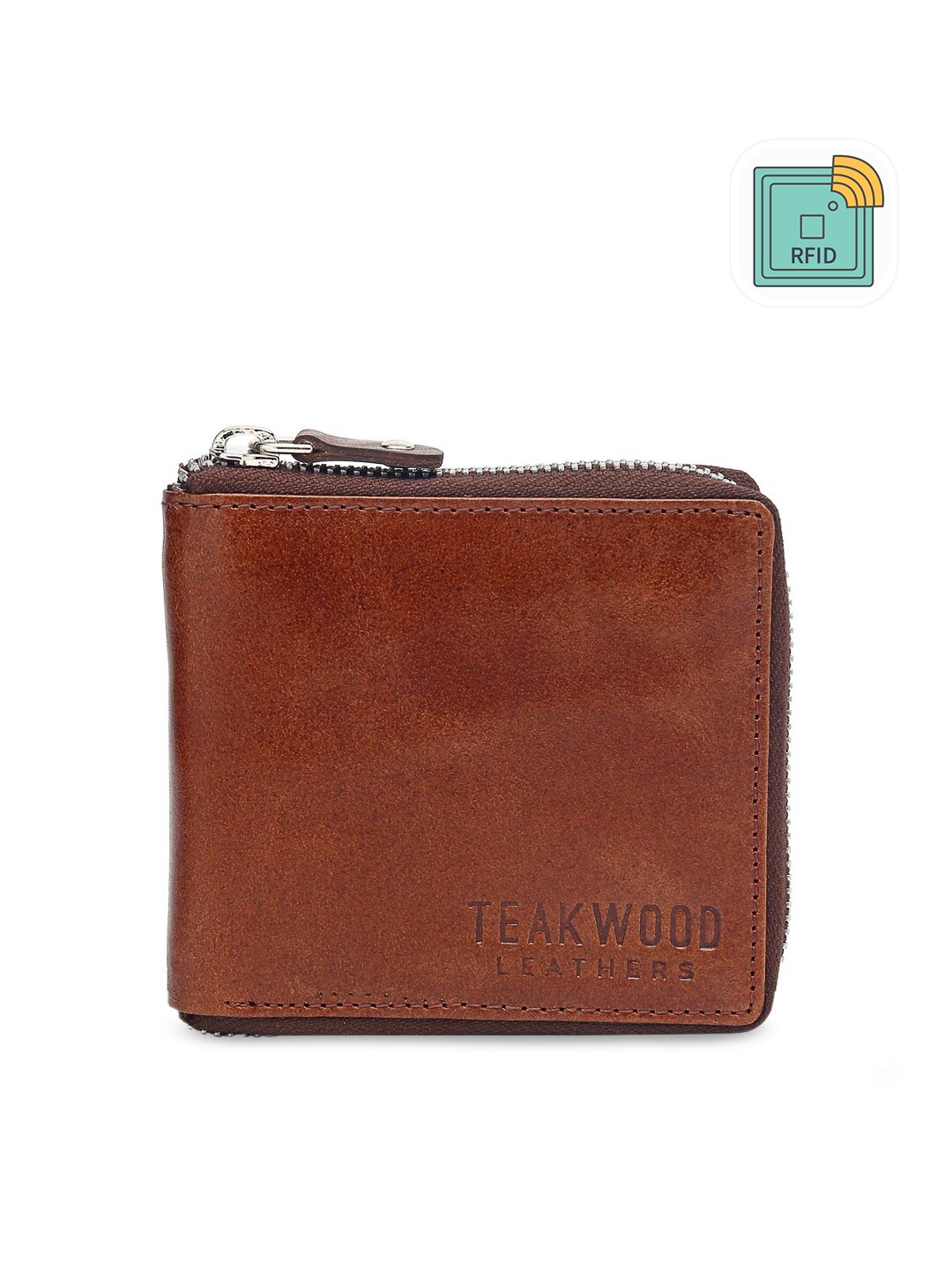 

Teakwood Leathers Men Brown Solid Leather RFID Zip Around Wallet