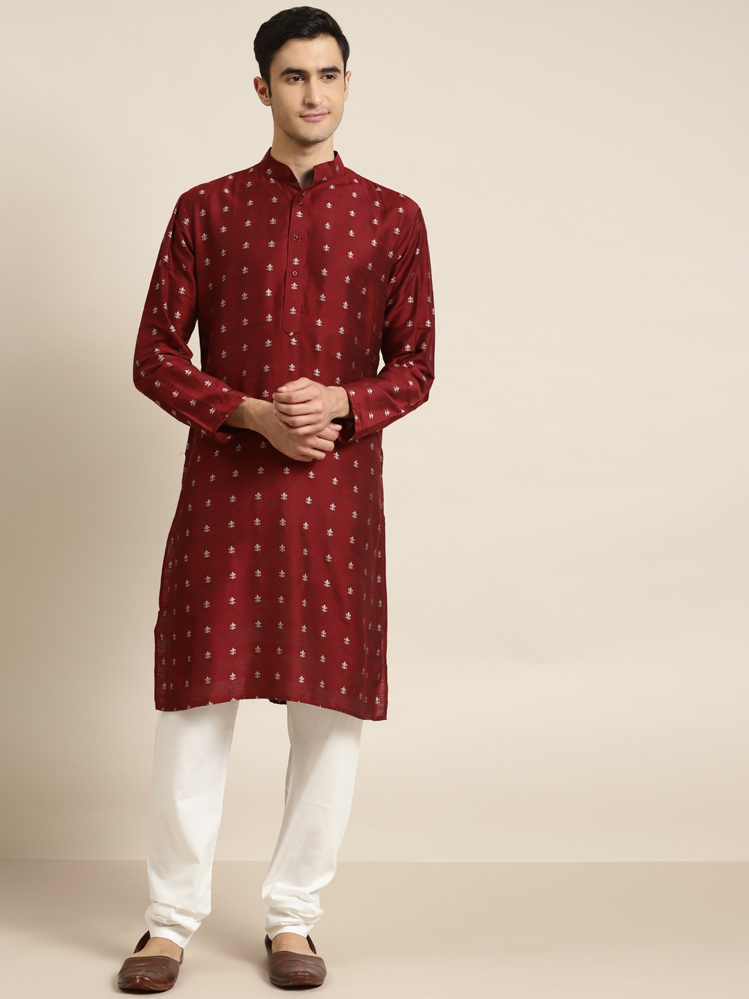 

SOJANYA Men Maroon & Silver Ethnic Motifs Woven Design Jacquard Kurta