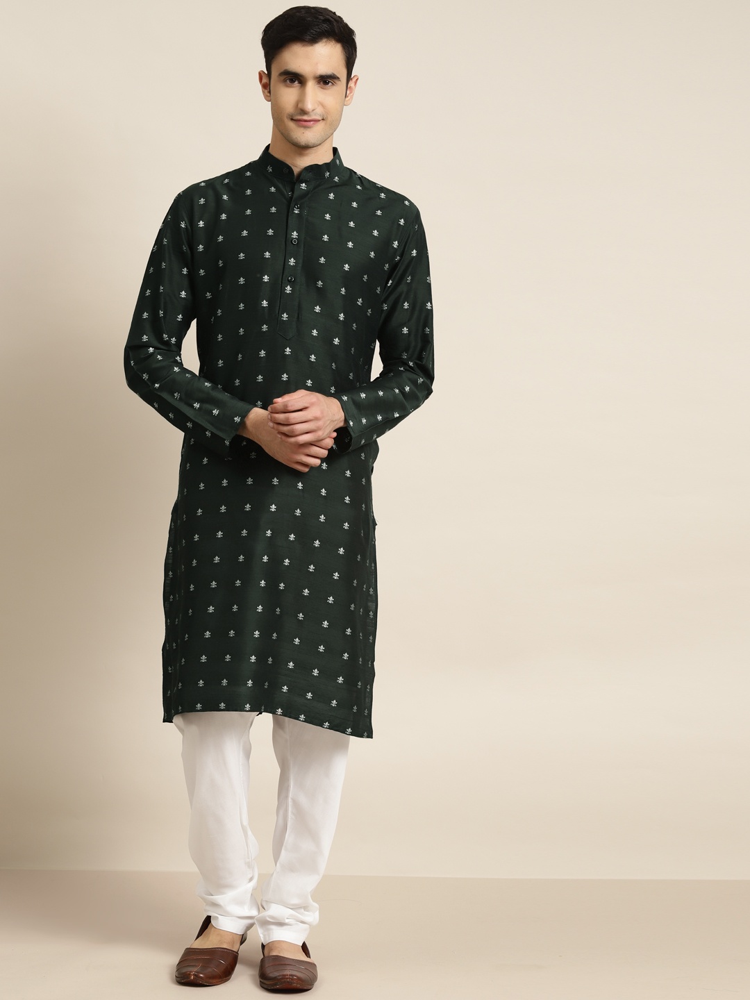 

SOJANYA Men Green & White Woven Design Jacquard Straight Kurta
