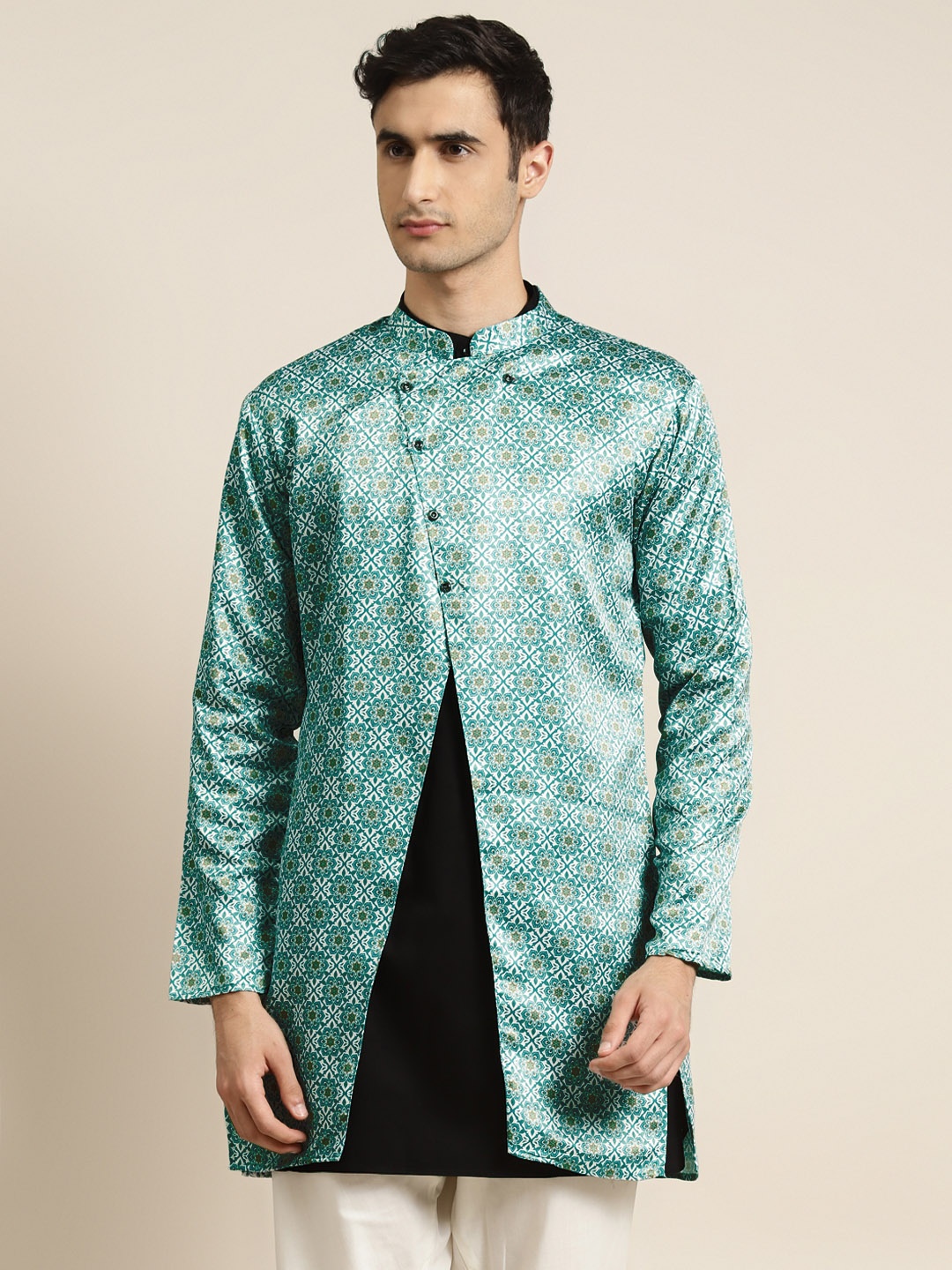 

SOJANYA Men Green & Beige Printed Longline Tailored Jacket