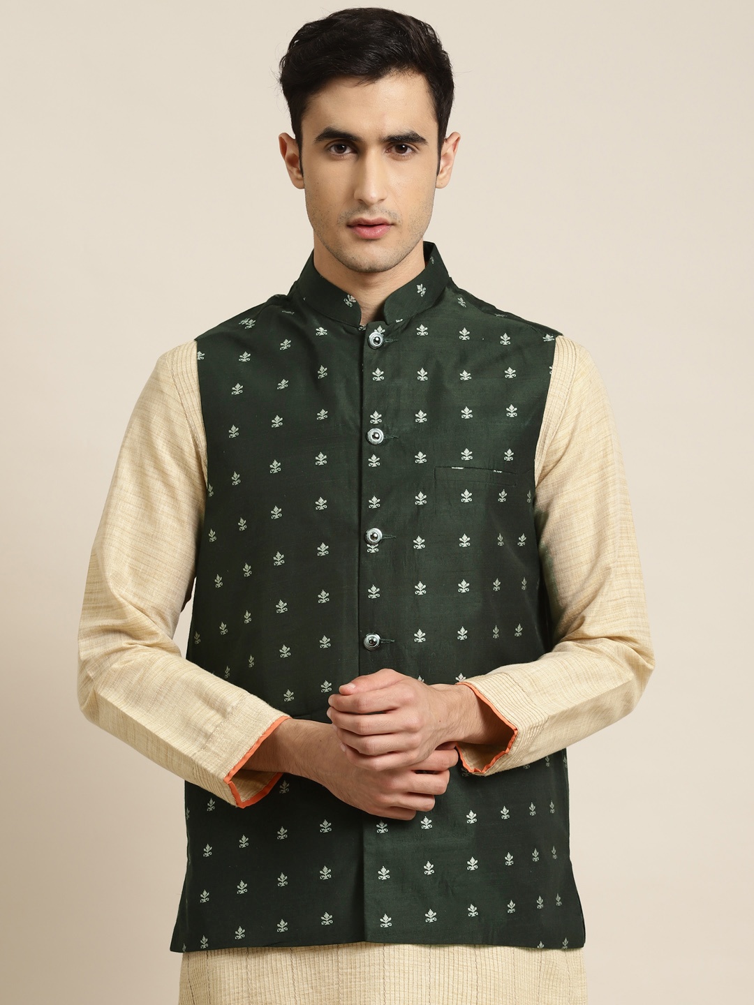 

Sojanya Men Green & Silver Woven Design Nehru Jacket