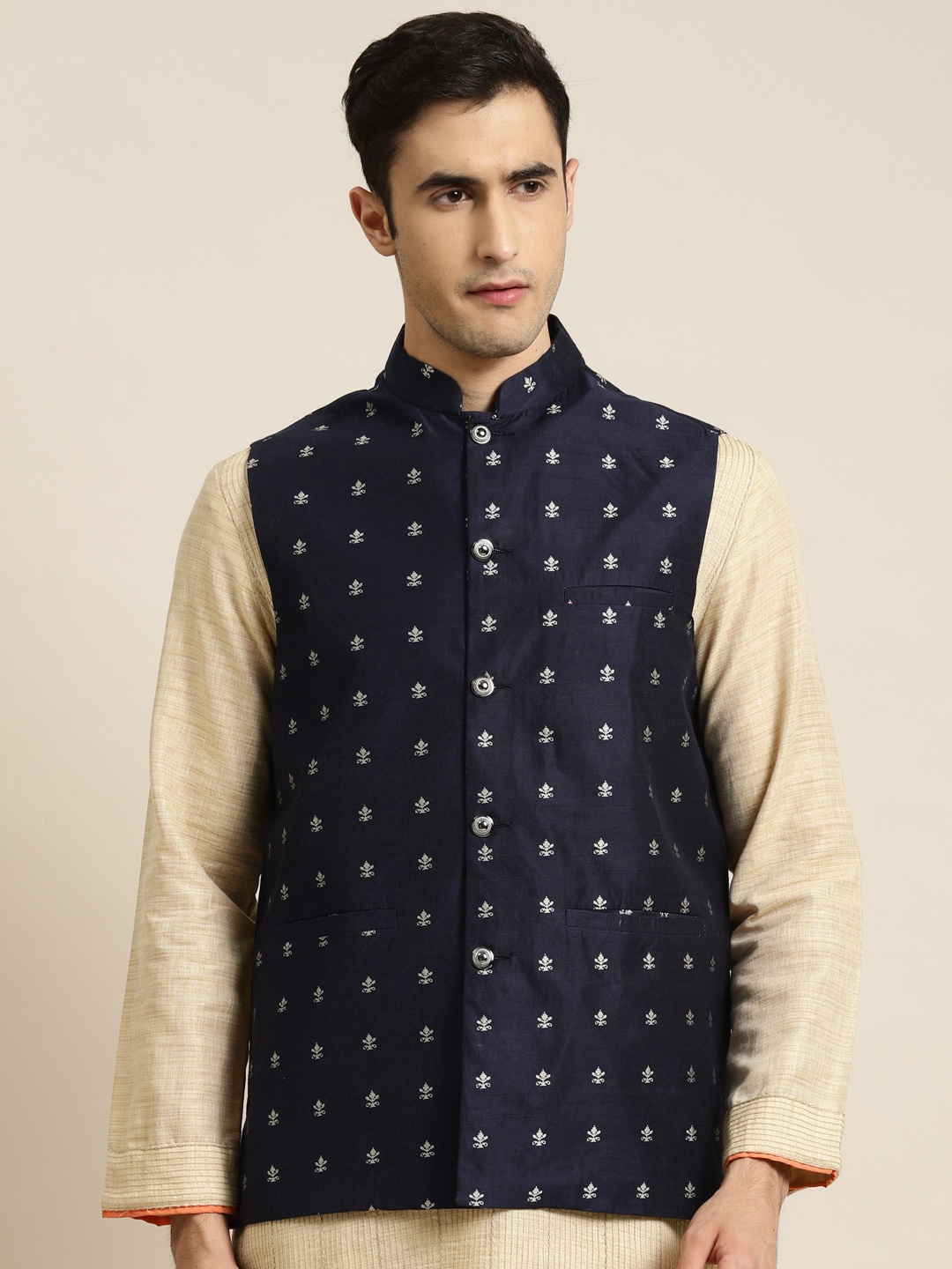 

Sojanya Men Navy Blue & Silver Woven Design Nehru Jacket
