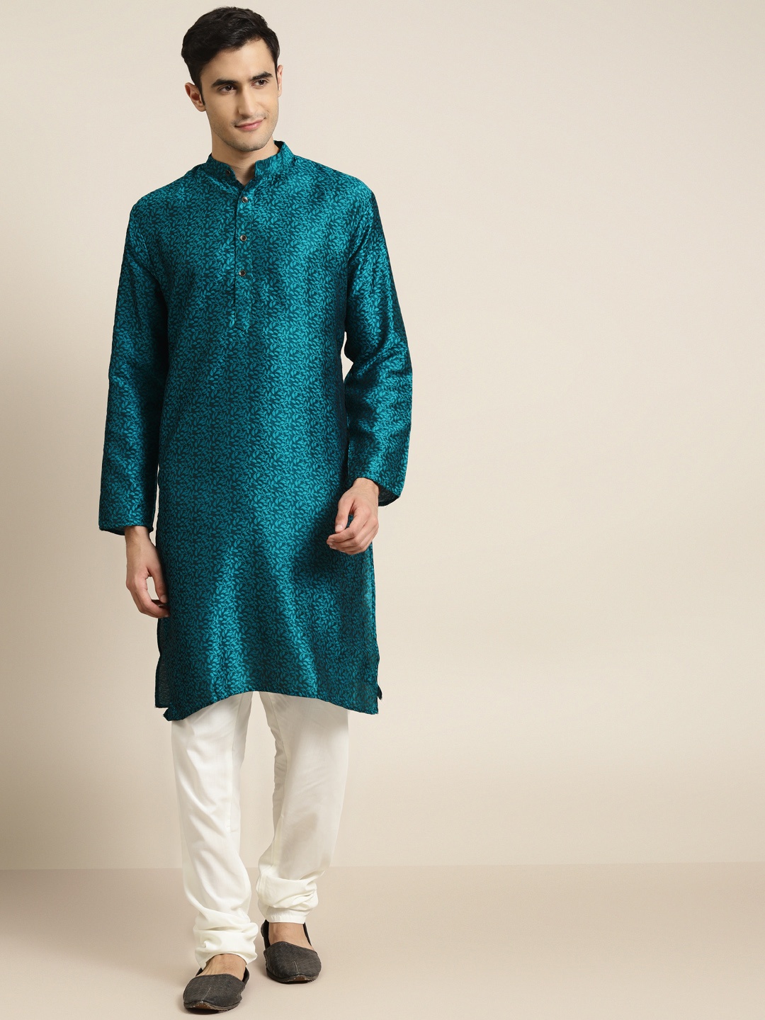 

SOJANYA Men Turquoise Blue Ethnic Motifs Jacquard Kurta