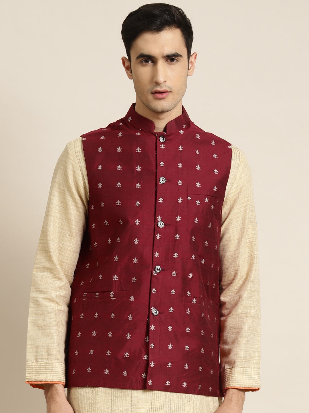 

Sojanya Men Maroon & Silver Self Design Nehru Jacket