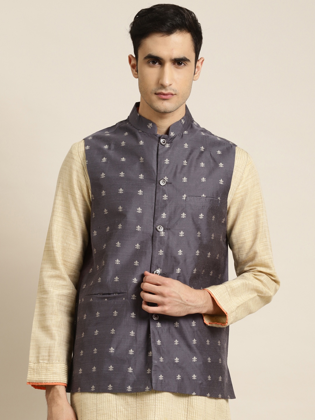 

Sojanya Men Charcoal Grey & Silver Self Design Nehru Jacket