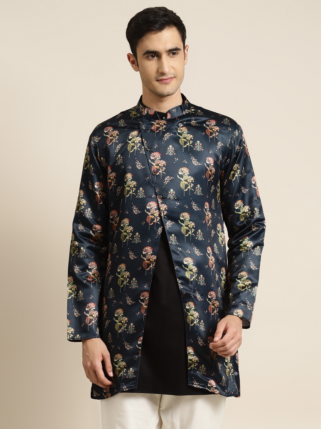 

SOJANYA Men Navy Blue & Green Printed Asymmetric Closure Longline Ethnic Tailored Jacket