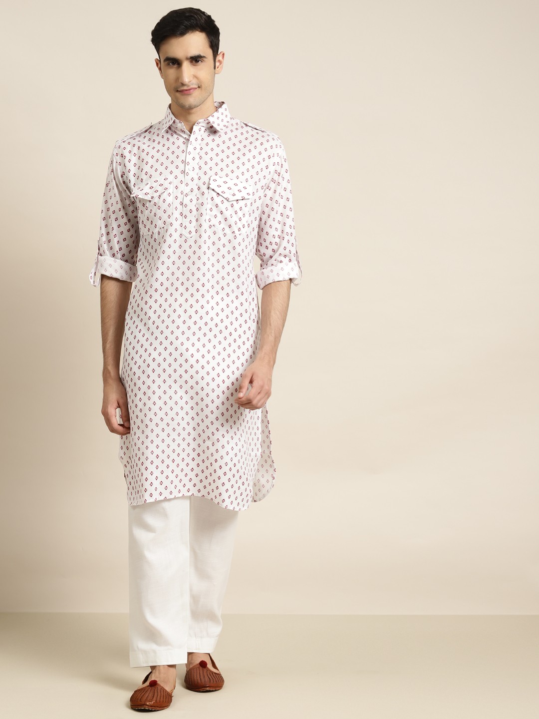 

SOJANYA Men White & Maroon Printed Kurta with Salwar
