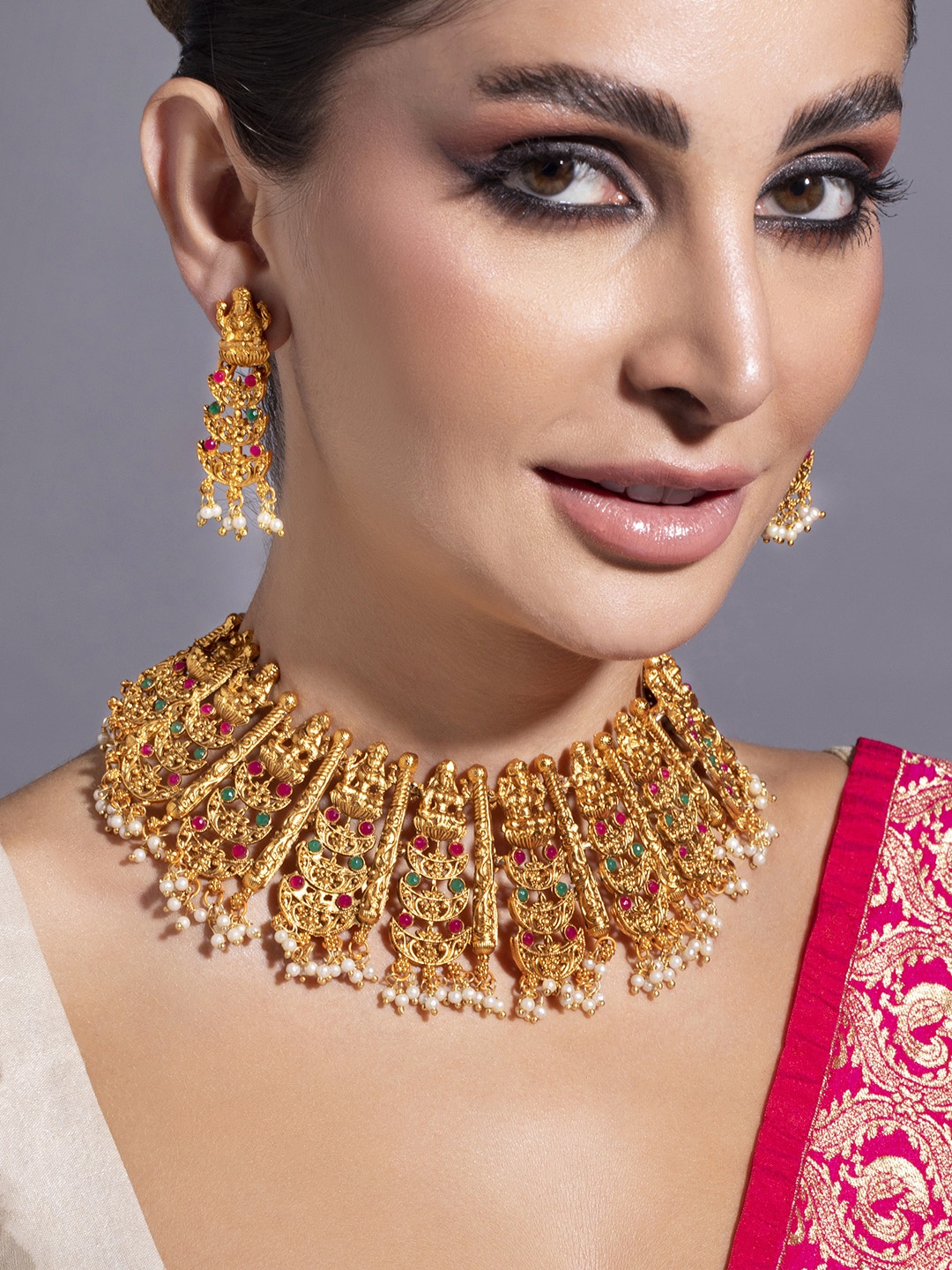 

Rubans Women 24K Gold-Toned & Ruby and Emerald Studded Jewellery Set