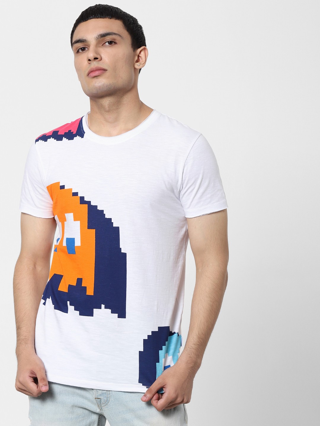 

Jack Jones Men White PacMan Printed Round Neck Pure Cotton T-shirt