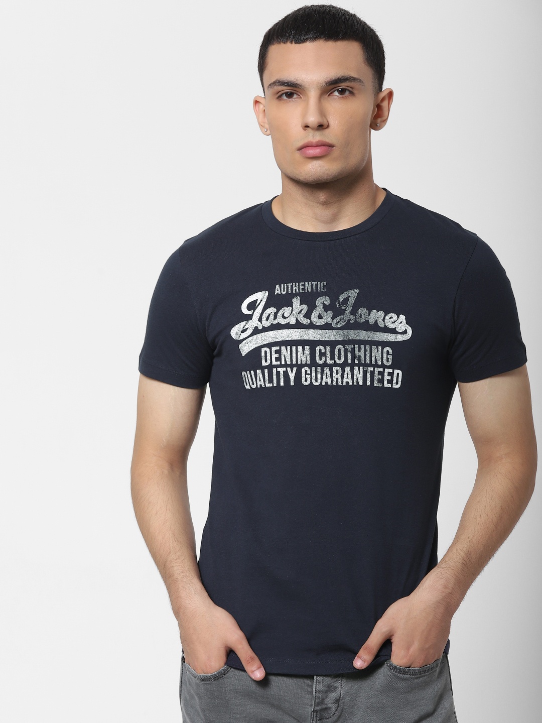 

Jack Jones Men Navy Blue Printed Slim Fit Round Neck Pure Cotton T-shirt