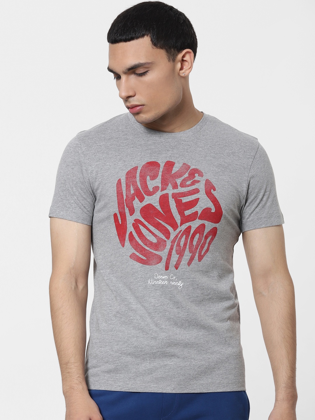 

Jack & Jones Men Grey Melange Printed Round Neck T-shirt