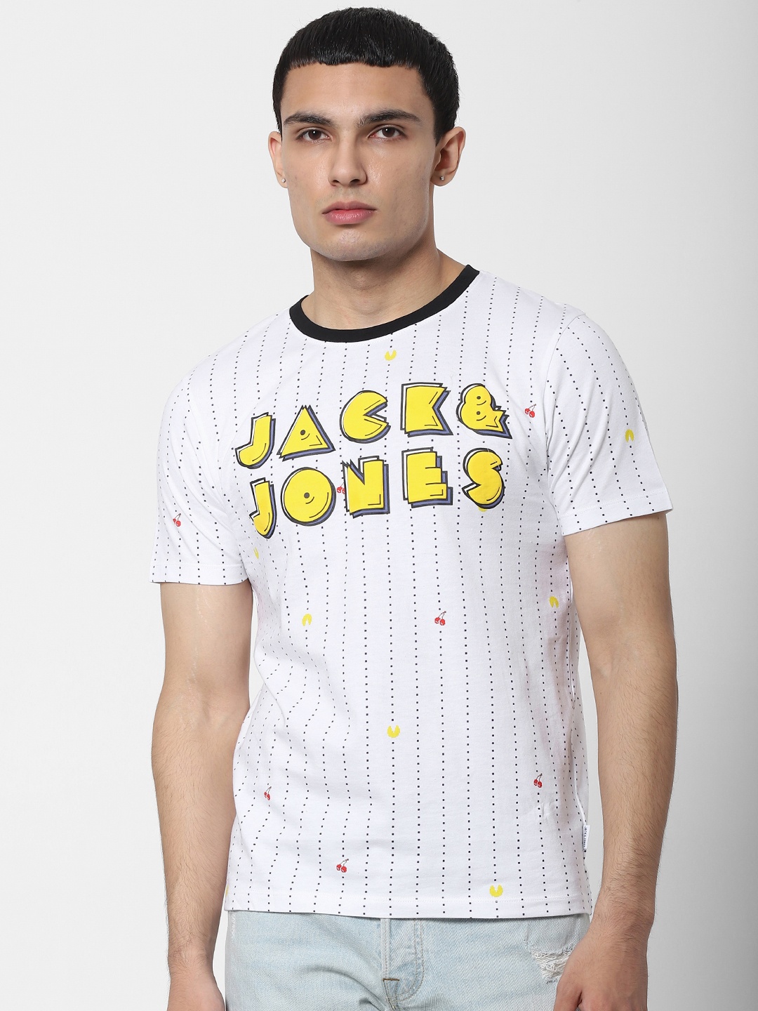 

Jack Jones Men White Blue Striped PacMan Round Neck Sustainable Pure Cotton T-shirt