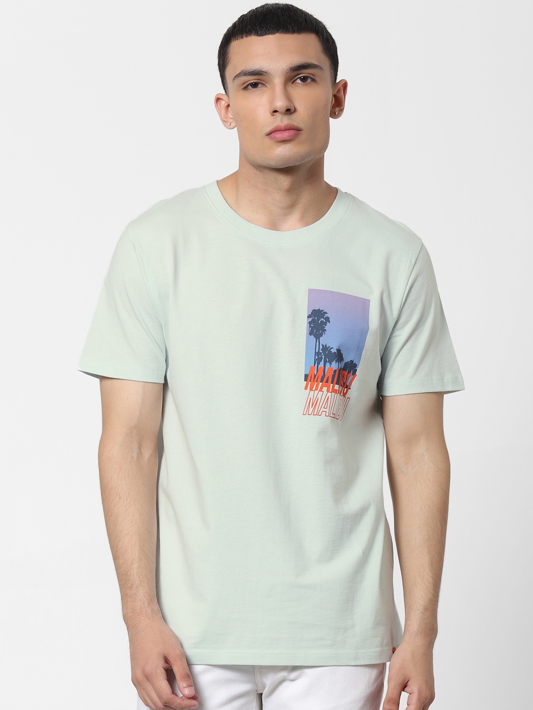 

Jack Jones Men Sea Green Printed Boxy Fit Round Neck Pure Cotton T-shirt
