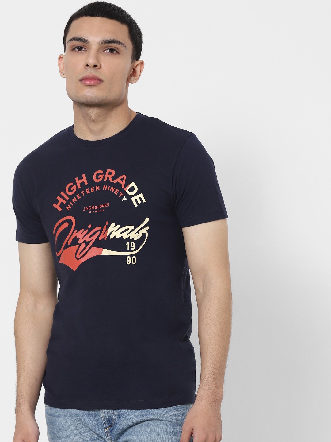

Jack Jones Men Navy Blue Printed Round Neck Pure Cotton T-shirt