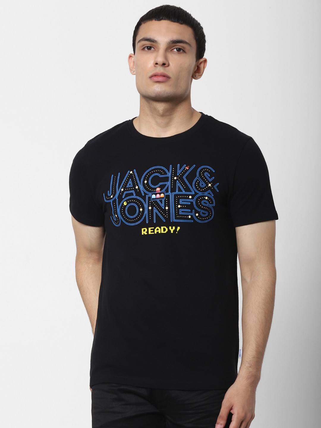 

Jack Jones Men Black Printed PacMan Round Neck Sustainable Pure Cotton T-shirt