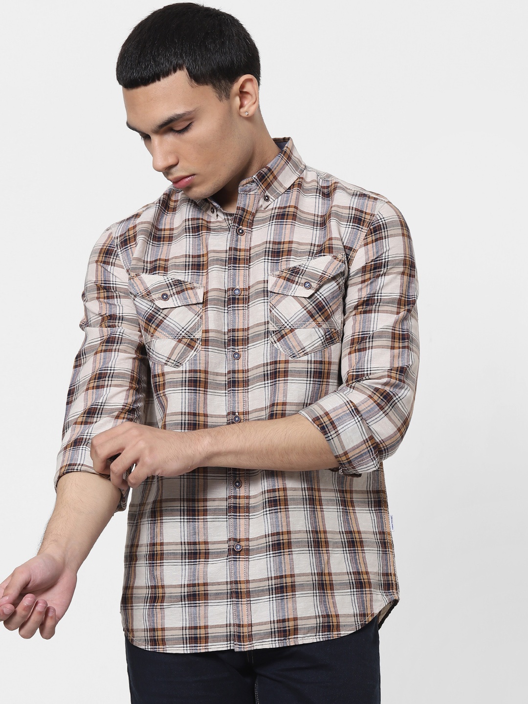 

Jack & Jones Men Beige & Brown Regular Fit Checked Casual Linen-Cotton Shirt