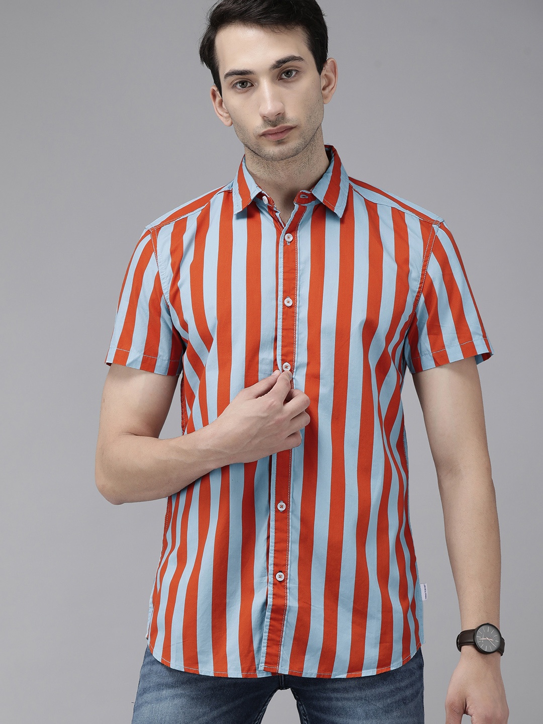 

Jack & Jones Men Orange And Sky Blue Slim Fit Striped Casual Shirt