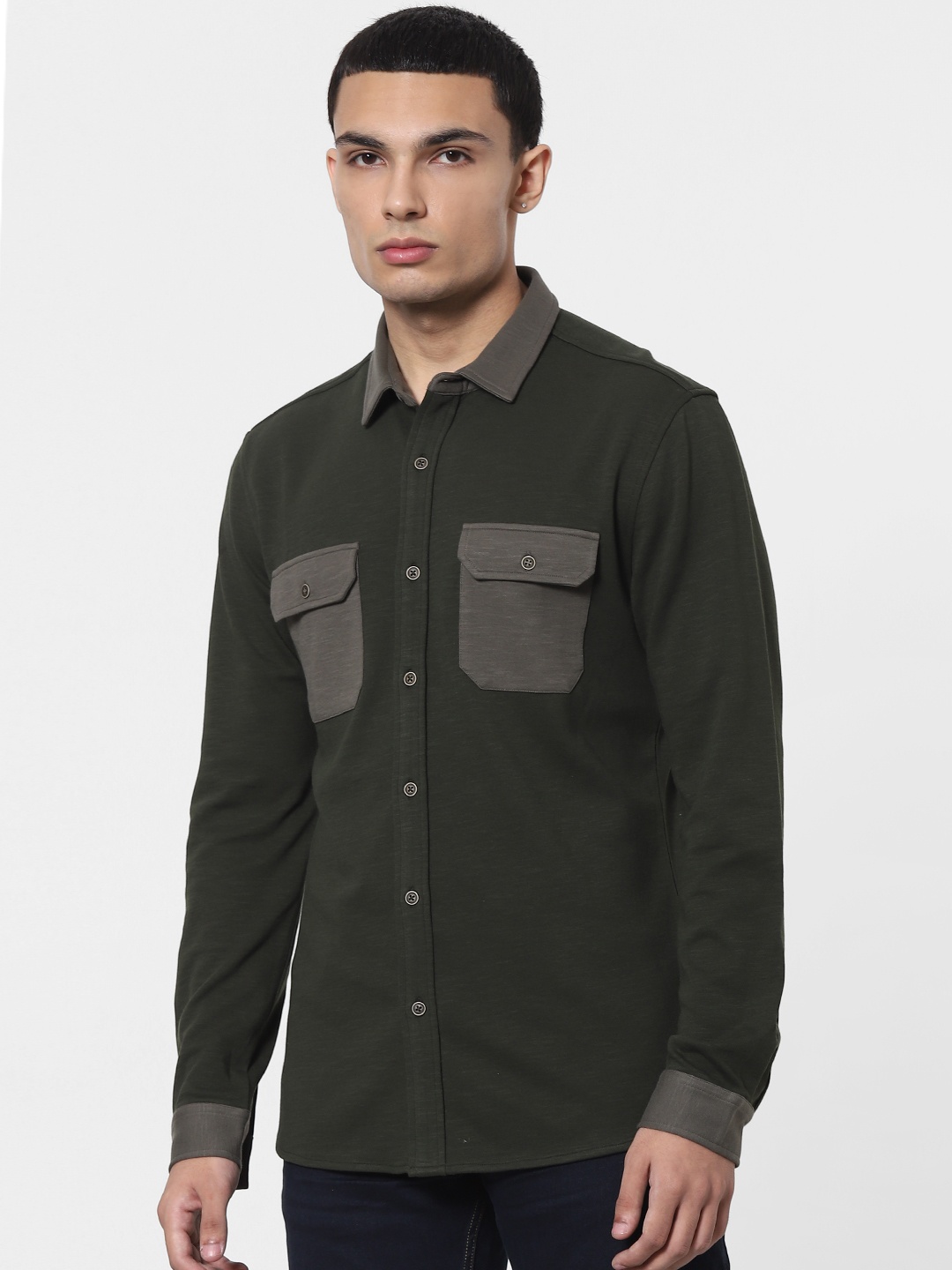 

Jack & Jones Men Olive Green Regular Fit Solid Knitted Casual Shirt