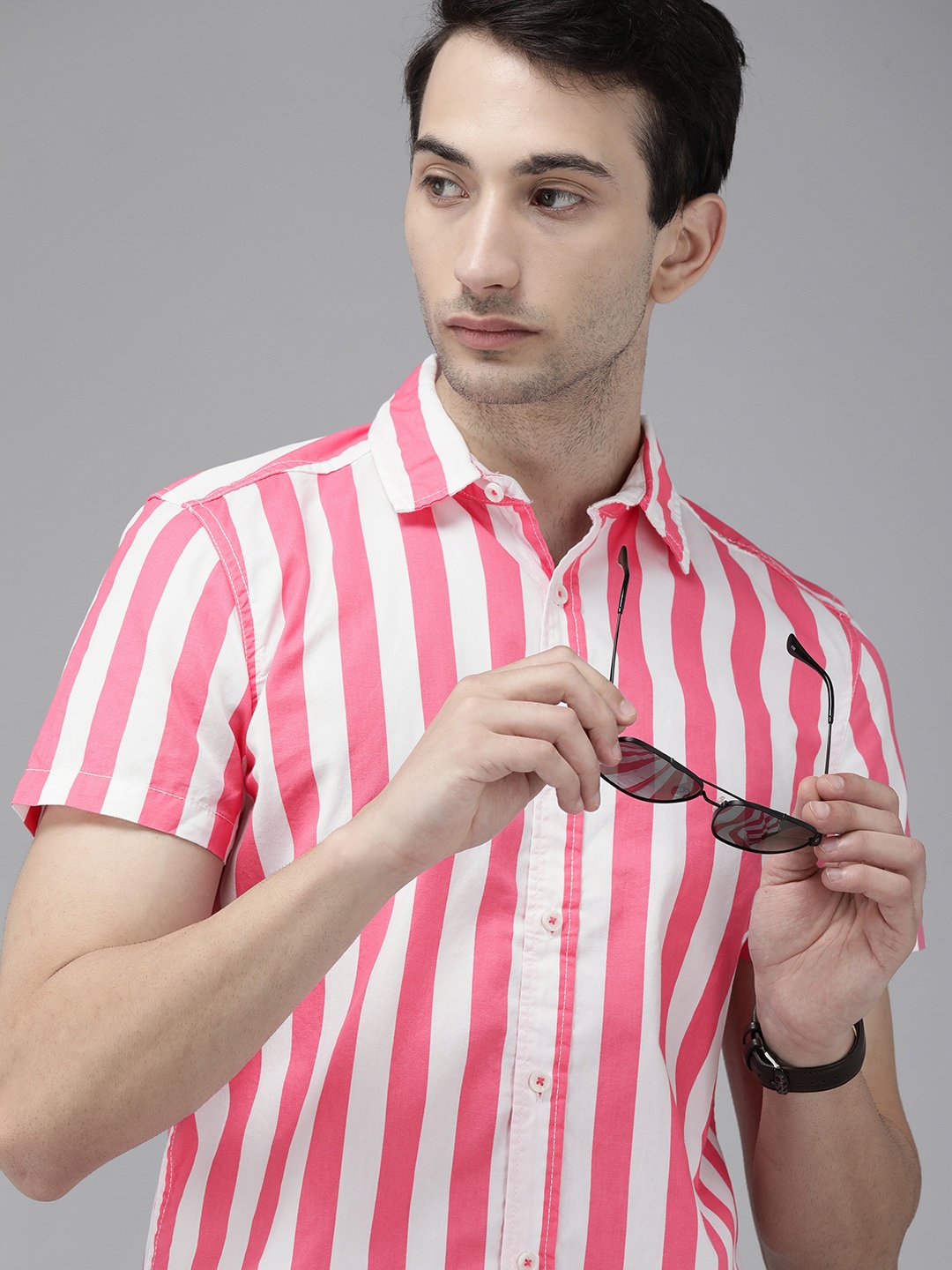 

Jack & Jones Men Coral And White Slim Fit Striped Casual Shirt