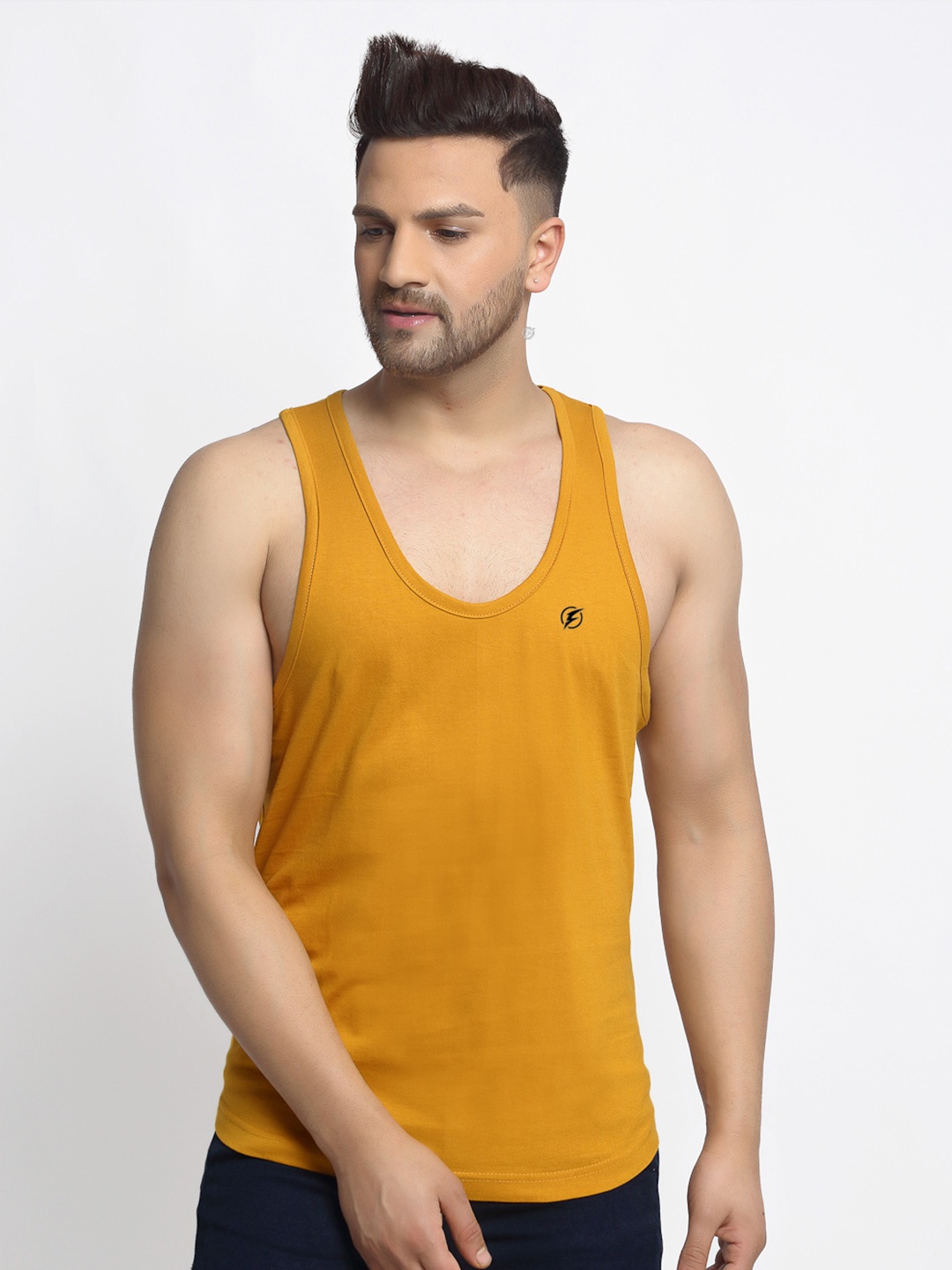 

Friskers Men Mustard Solid Cotton Gym Vest