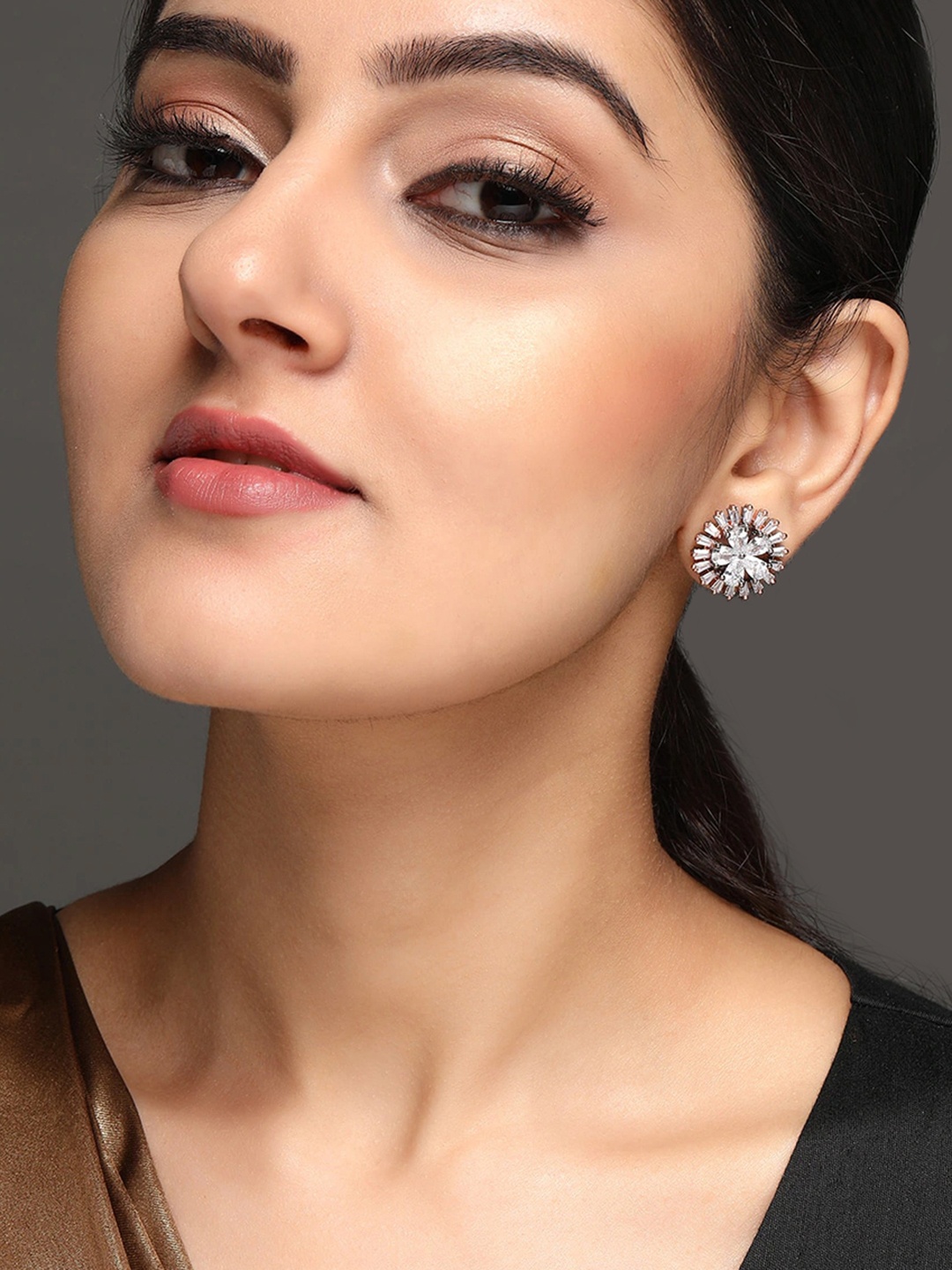 

Rubans Silver-Toned Zircon Studded Rhodium Handcrafted Floral Studs
