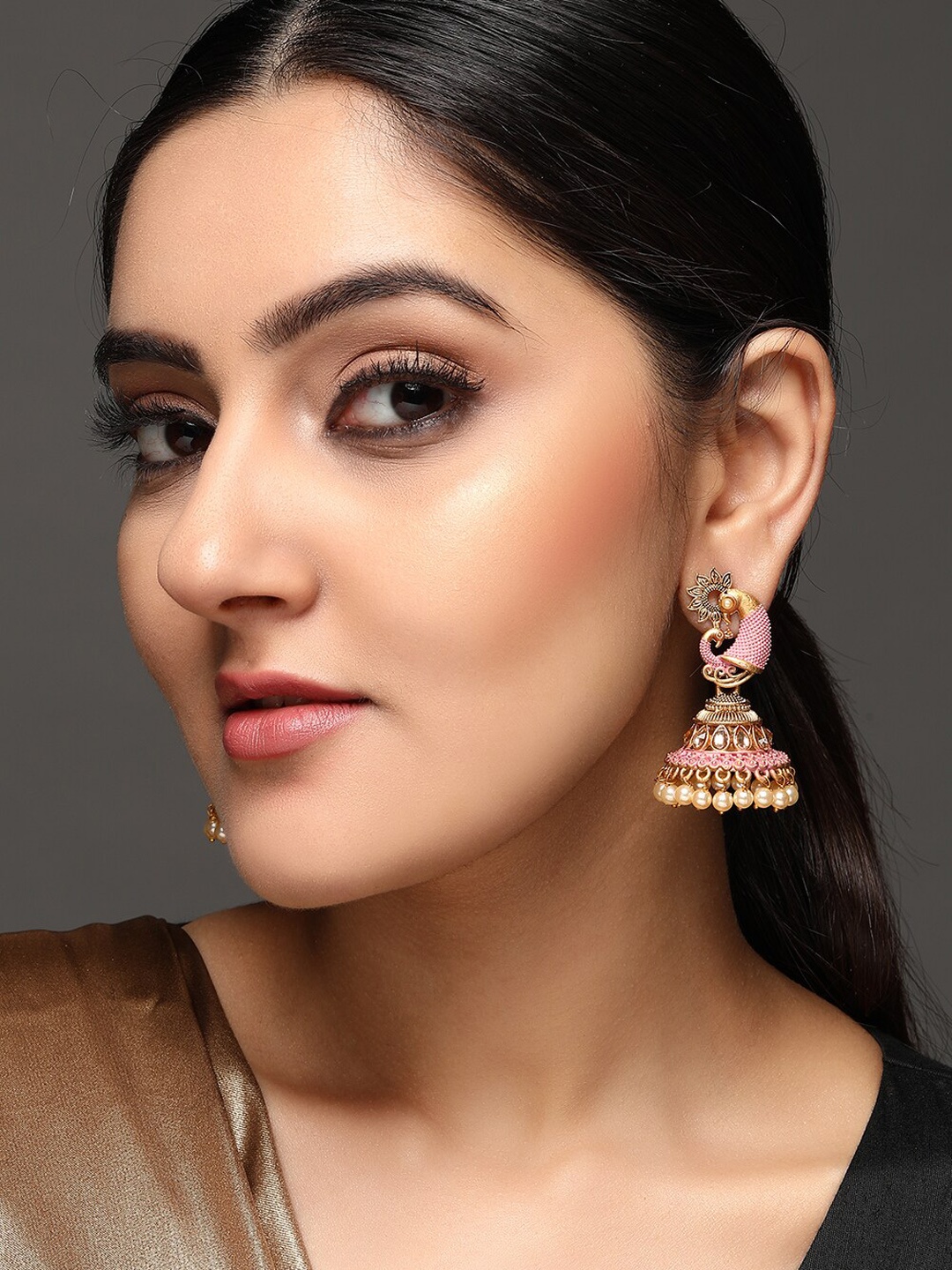 

Rubans Gold-Toned & Pink Peacock Shaped Handcrafted Jhumkas