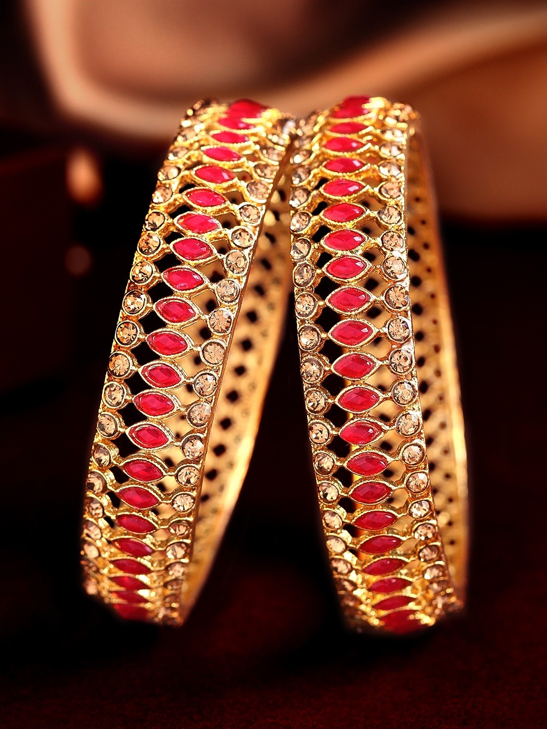 

Rubans Set Of 2 24K Gold-Plated Magenta Pink & White Stone-Studded Ruby Handcrafted Bangles