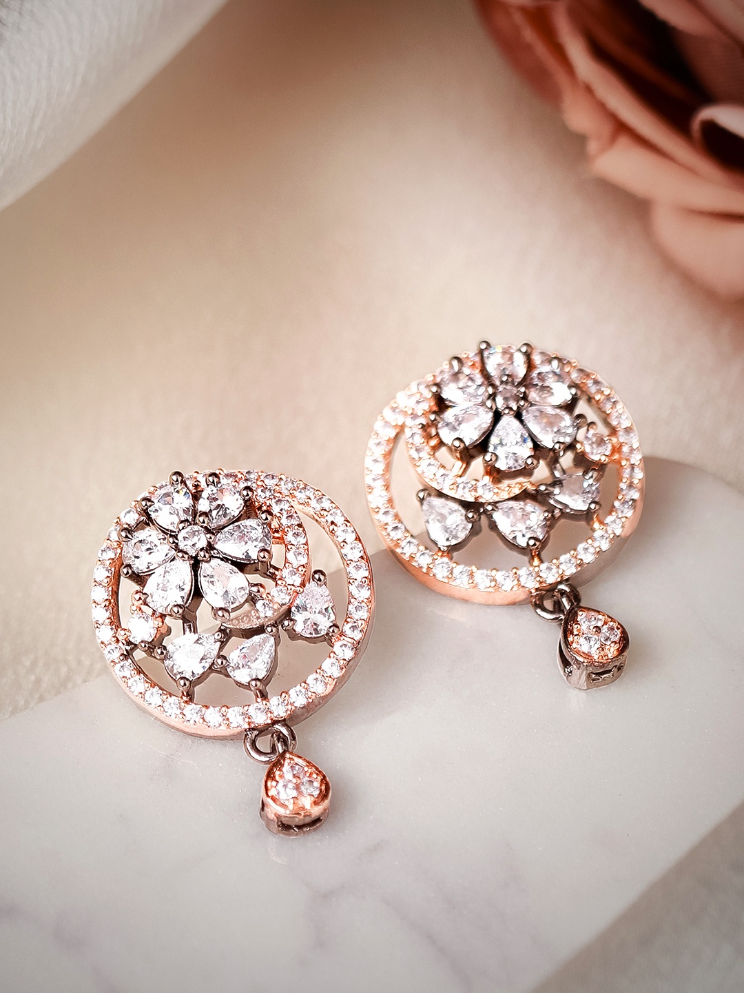 

Rubans Black & Silver-Toned Rhodium-Plated Zircon Studded Handcrafted Floral Studs