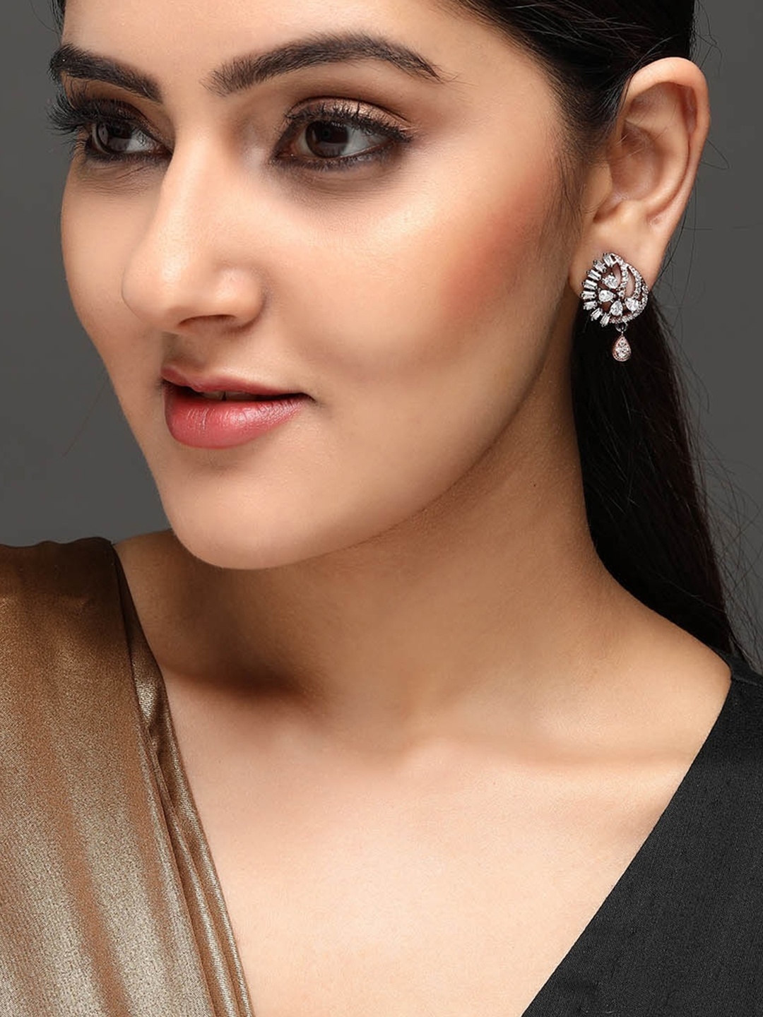 

Rubans Silver-Toned & Black Zircon Studded Handcrafted Rhodium Drop Earrings