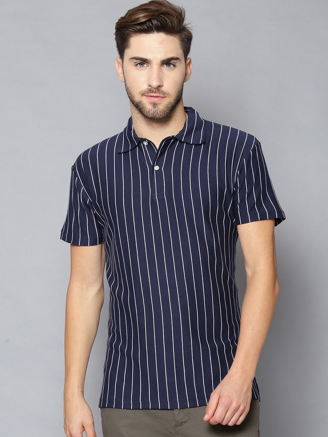 

Bruun & Stengade Men Navy Blue & White Striped Polo Collar T-shirt