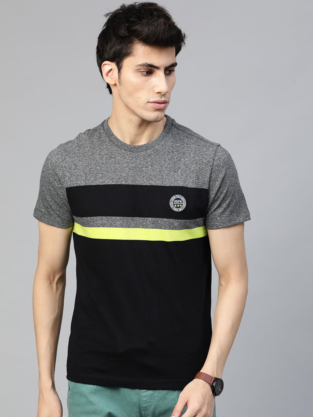 

U S Polo Assn Men Black & Grey Melange Colourblocked Cotton T-shirt