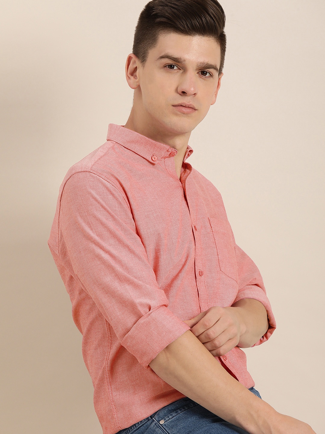 

ether Men Coral Pure Cotton Casual Shirt